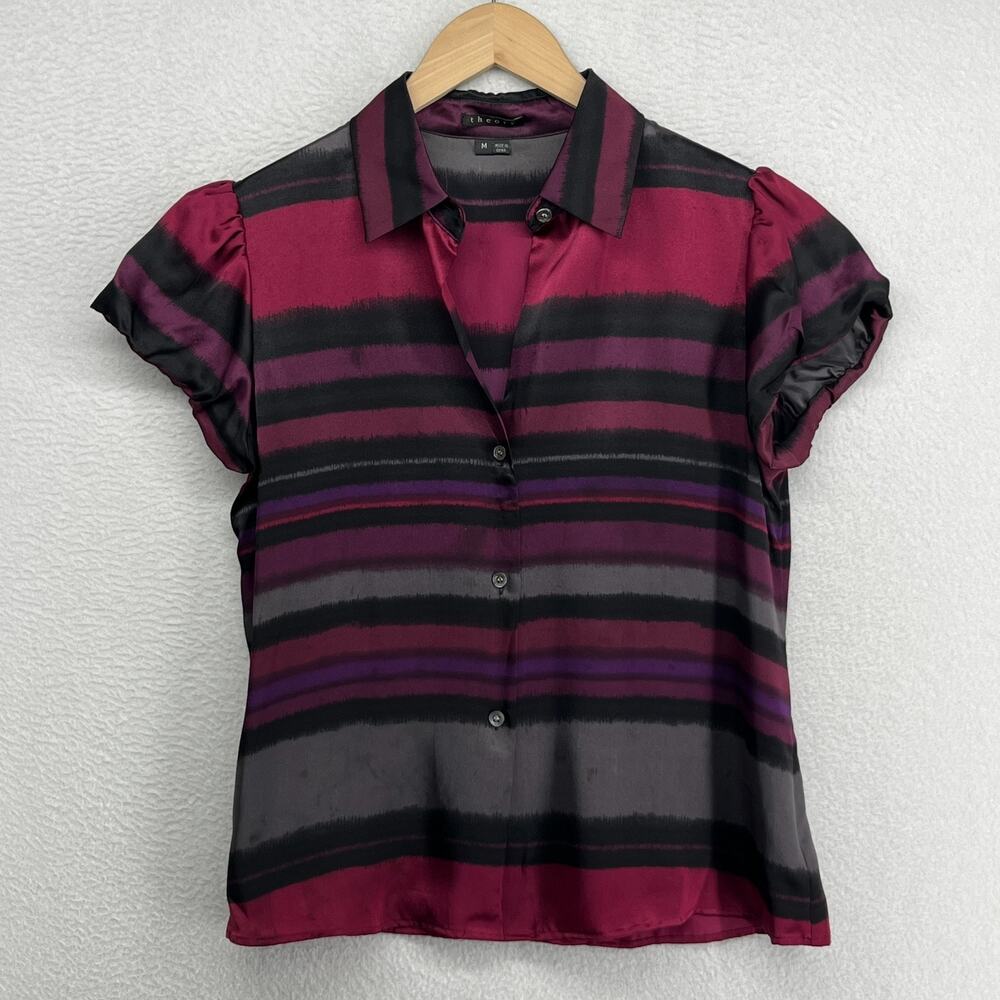 THEORY Top Womens M Elida Silk Satin Striped Shirt Button Up Puff Sleeve Pink